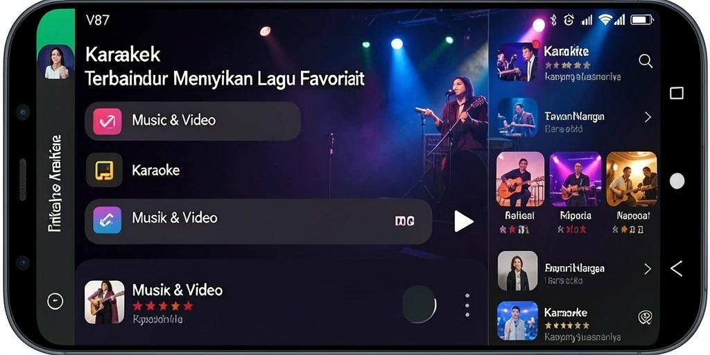 Tampilan antarmuka aplikasi V87 saat sesi Karaoke dengan pilihan lagu.